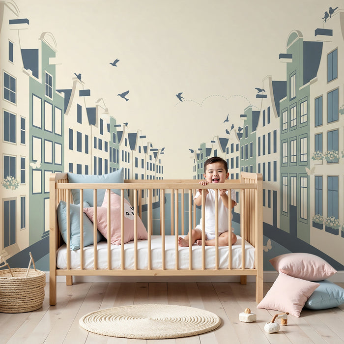Papel pintado infantil | Encantadoras casas junto al agua con pájaros y flores