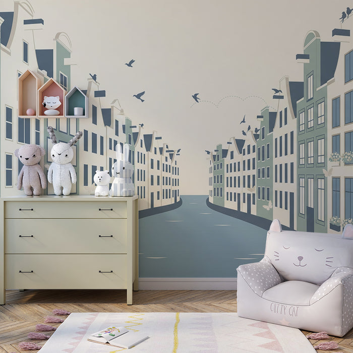 Papel pintado infantil | Encantadoras casas junto al agua con pájaros y flores