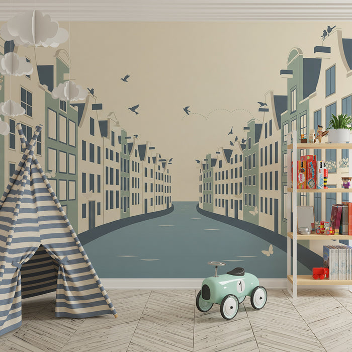 Papel pintado infantil | Encantadoras casas junto al agua con pájaros y flores
