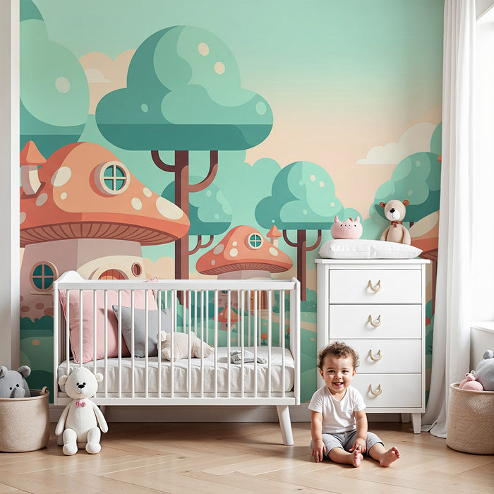 Kinderzimmer Tapete | Charmante Pilzhäuser in einer märchenhaften Landschaft