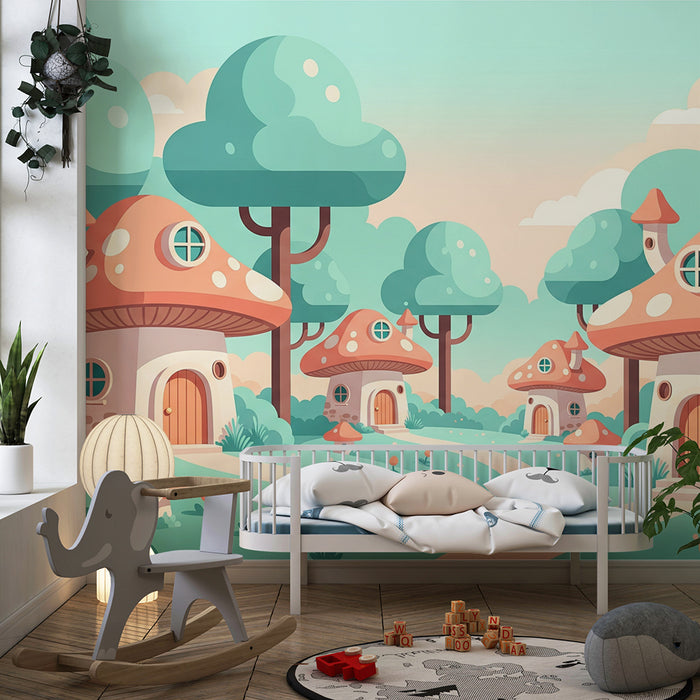 Kinderzimmer Tapete | Charmante Pilzhäuser in einer märchenhaften Landschaft