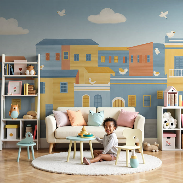 Papier peint chambre enfant | Charmantes maisons colorées avec oiseaux en vol