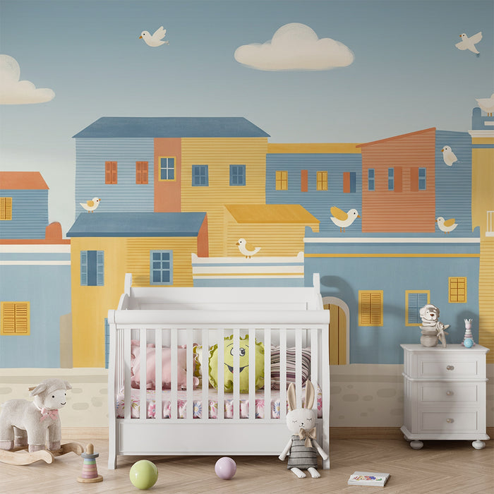Papier peint chambre enfant | Charmantes maisons colorées avec oiseaux en vol