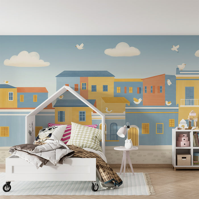 Papier peint chambre enfant | Charmantes maisons colorées avec oiseaux en vol