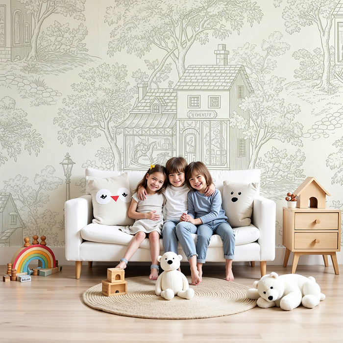 Carta da parati per camera bambini | Incantevoli case e alberi in stile toile de jouy