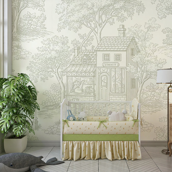 Carta da parati per camera bambini | Incantevoli case e alberi in stile toile de jouy