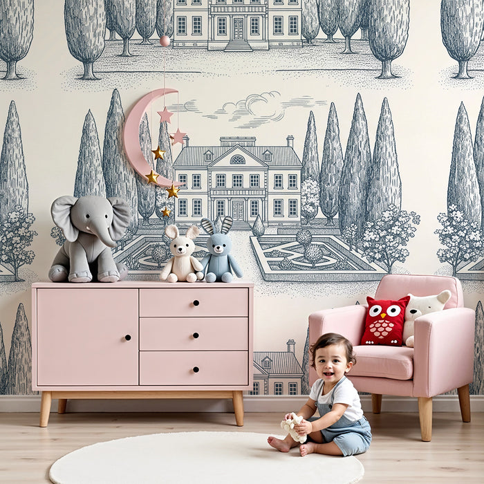 Børnetapet | Yndige huse og haver i toile de jouy-stil