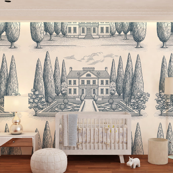 Børnetapet | Yndige huse og haver i toile de jouy-stil