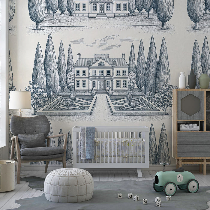 Børnetapet | Yndige huse og haver i toile de jouy-stil