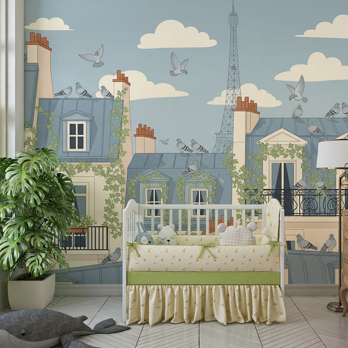 Barnrumstapet | Förtjusande parisiska hus med duvor och grönska
