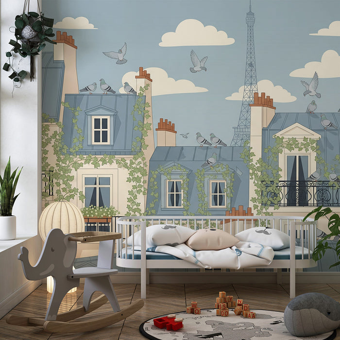 Barnrumstapet | Förtjusande parisiska hus med duvor och grönska
