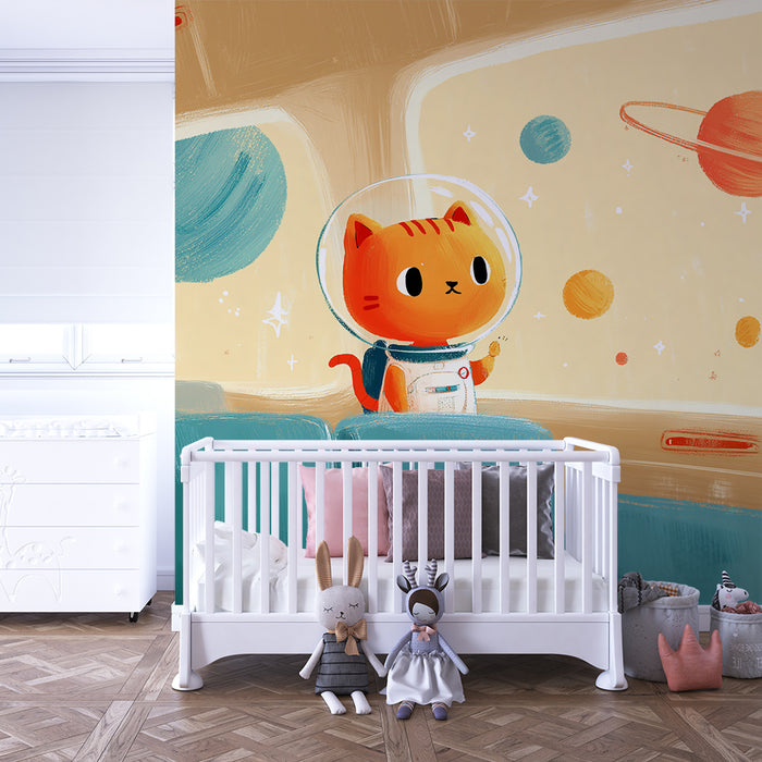 Kinderzimmer Tapete | Astronautenkatze erkundet den bunten Weltraum