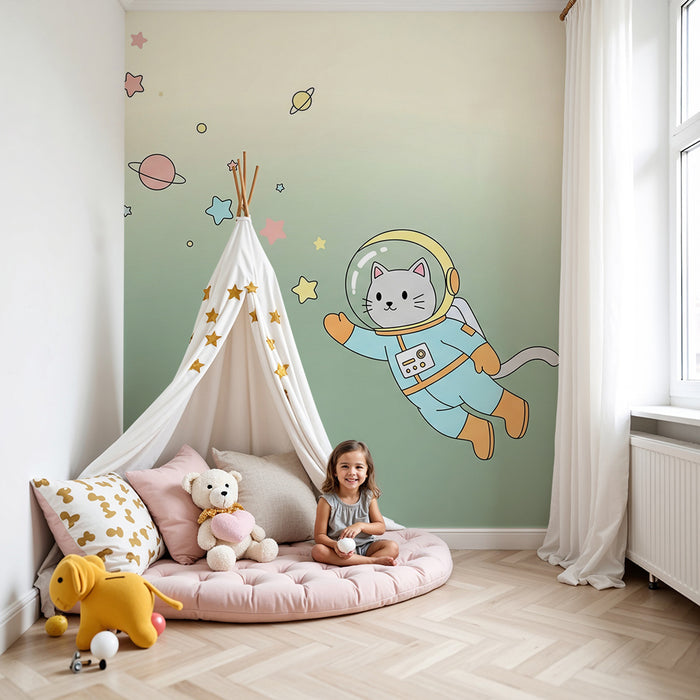 Papier peint chambre enfant | Chat astronaute explorant l'espace étoilé