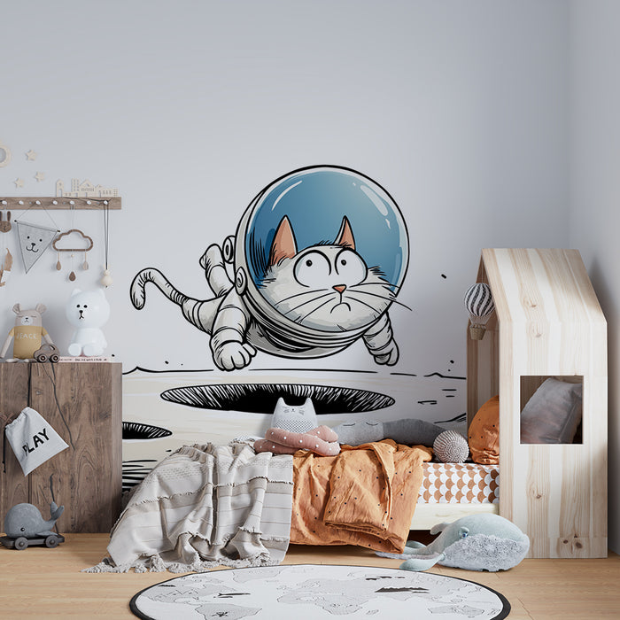 Papier peint chambre enfant | Chat astronaute explorant la lune
