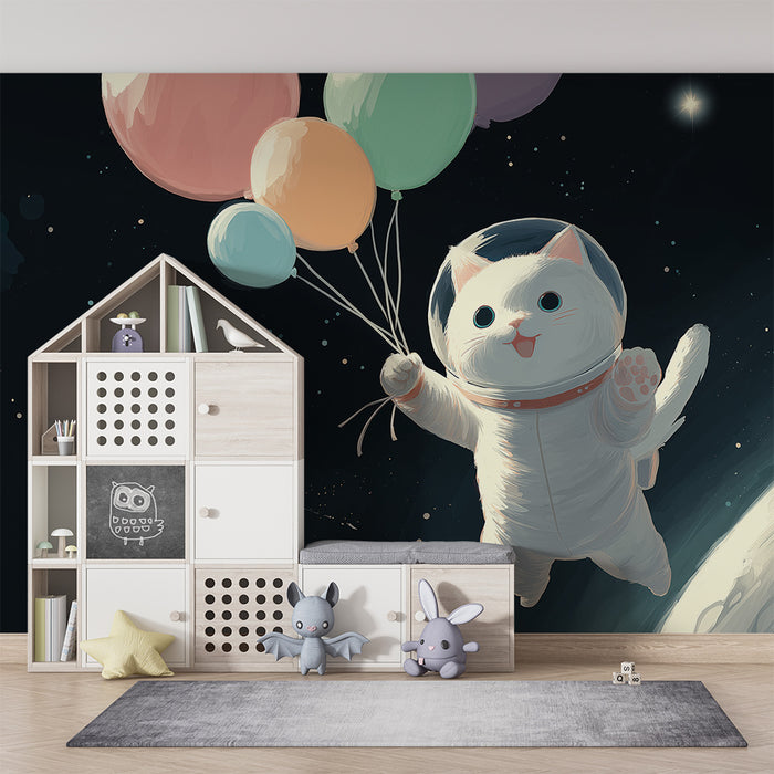 Børneværelse tapet | Flyvende astronautkat med farverige balloner i rummet