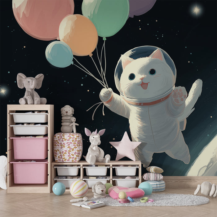 Børneværelse tapet | Flyvende astronautkat med farverige balloner i rummet