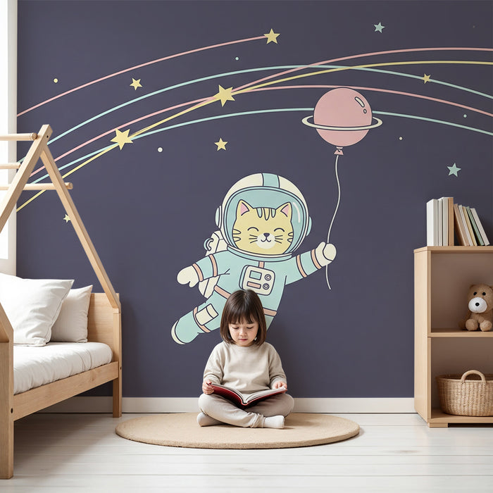 Papel de parede criança | Gato astronauta flutuando entre as estrelas e os planetas