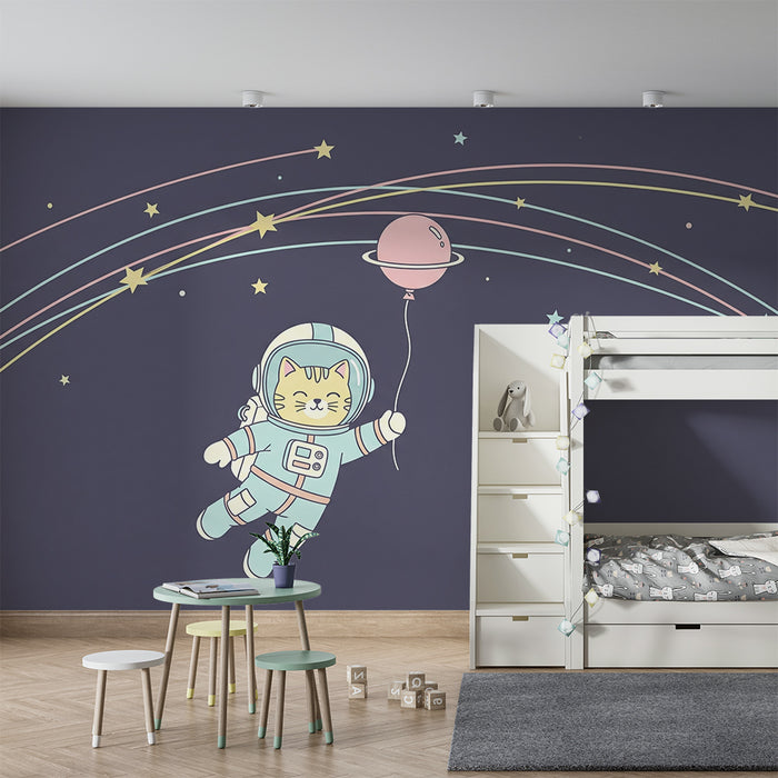 Papel de parede criança | Gato astronauta flutuando entre as estrelas e os planetas