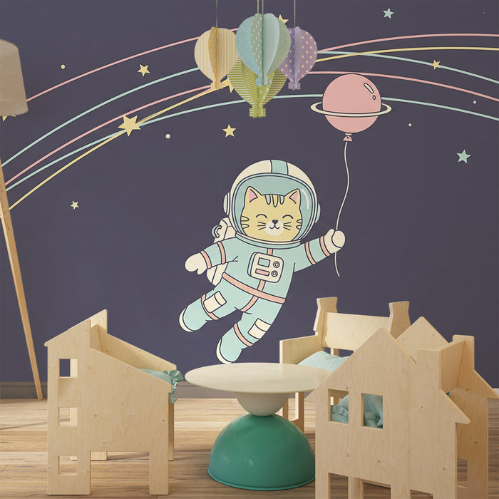 Papel de parede criança | Gato astronauta flutuando entre as estrelas e os planetas