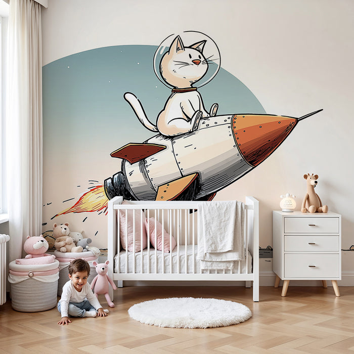 Kinderkamer behang | Astronautenkat op raket in de ruimte