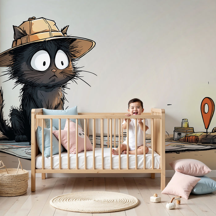 Papel pintado infantil | Gato aventurero y mapa del tesoro