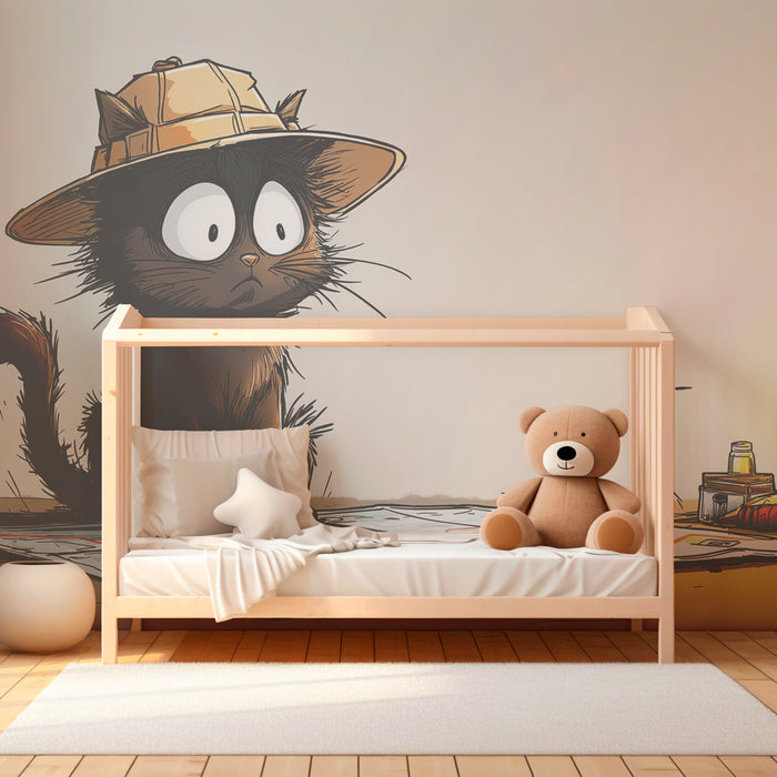 Papel pintado infantil | Gato aventurero y mapa del tesoro