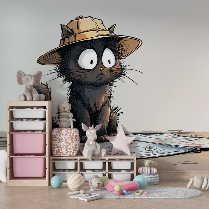 Papel pintado infantil | Gato aventurero y mapa del tesoro