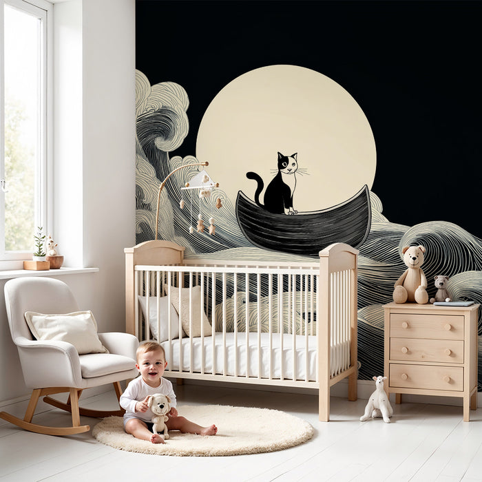 Papel de parede para quarto infantil | Gato aventureiro num mar agitado sob o luar