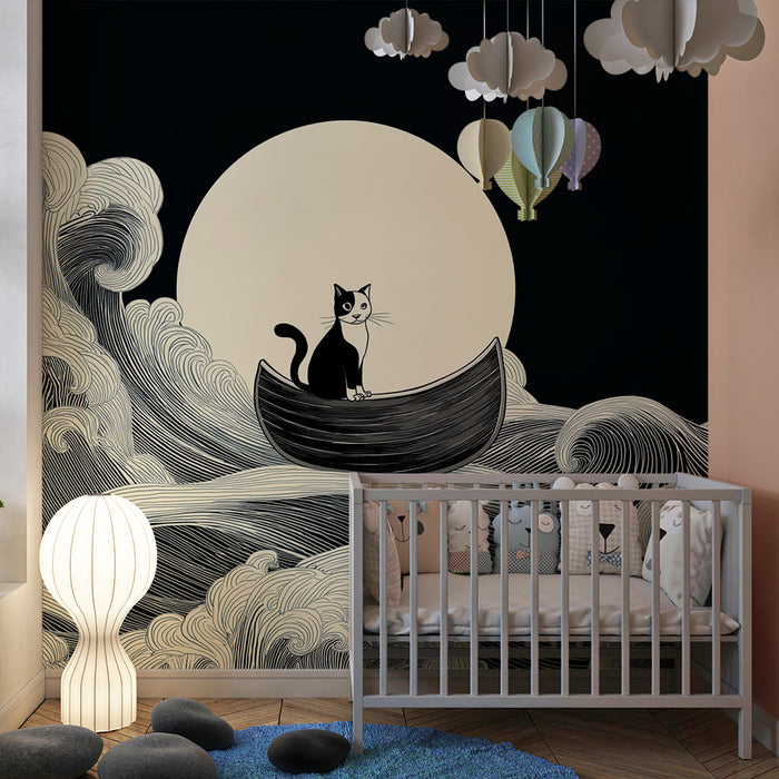 Papel de parede para quarto infantil | Gato aventureiro num mar agitado sob o luar