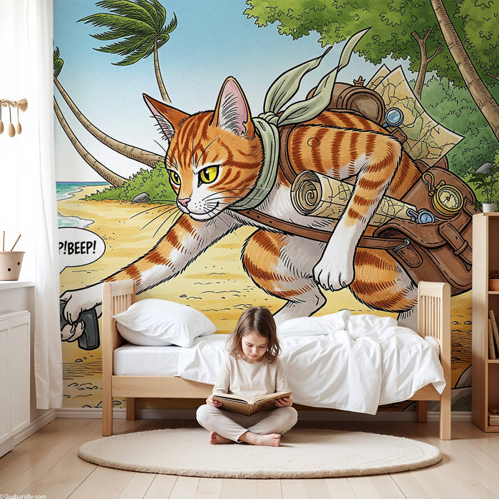 **Tapete Kinderzimmer | Abenteuerliche Katze am sonnigen Strand**
