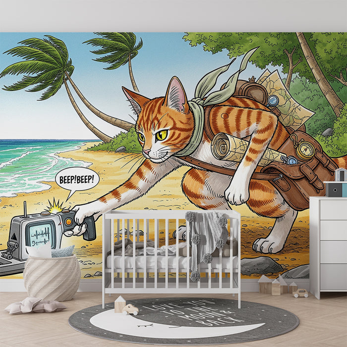 **Tapete Kinderzimmer | Abenteuerliche Katze am sonnigen Strand**