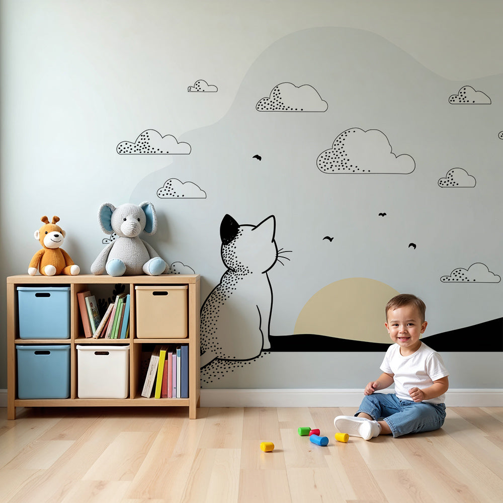 Kids room wallpaper | Contemplative cat in front of a minimalist sunse ...