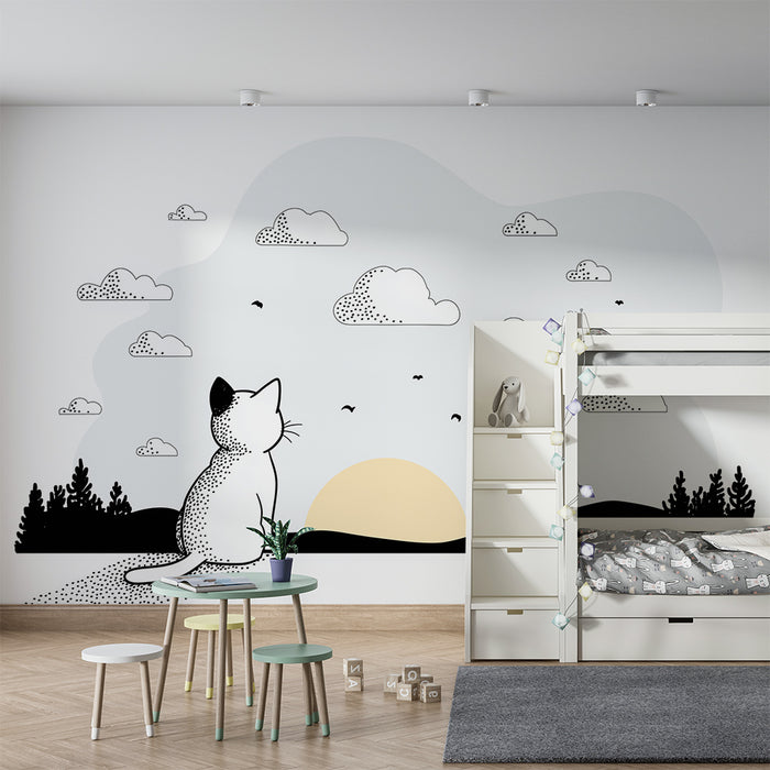 Kids room wallpaper | Contemplative cat in front of a minimalist sunset