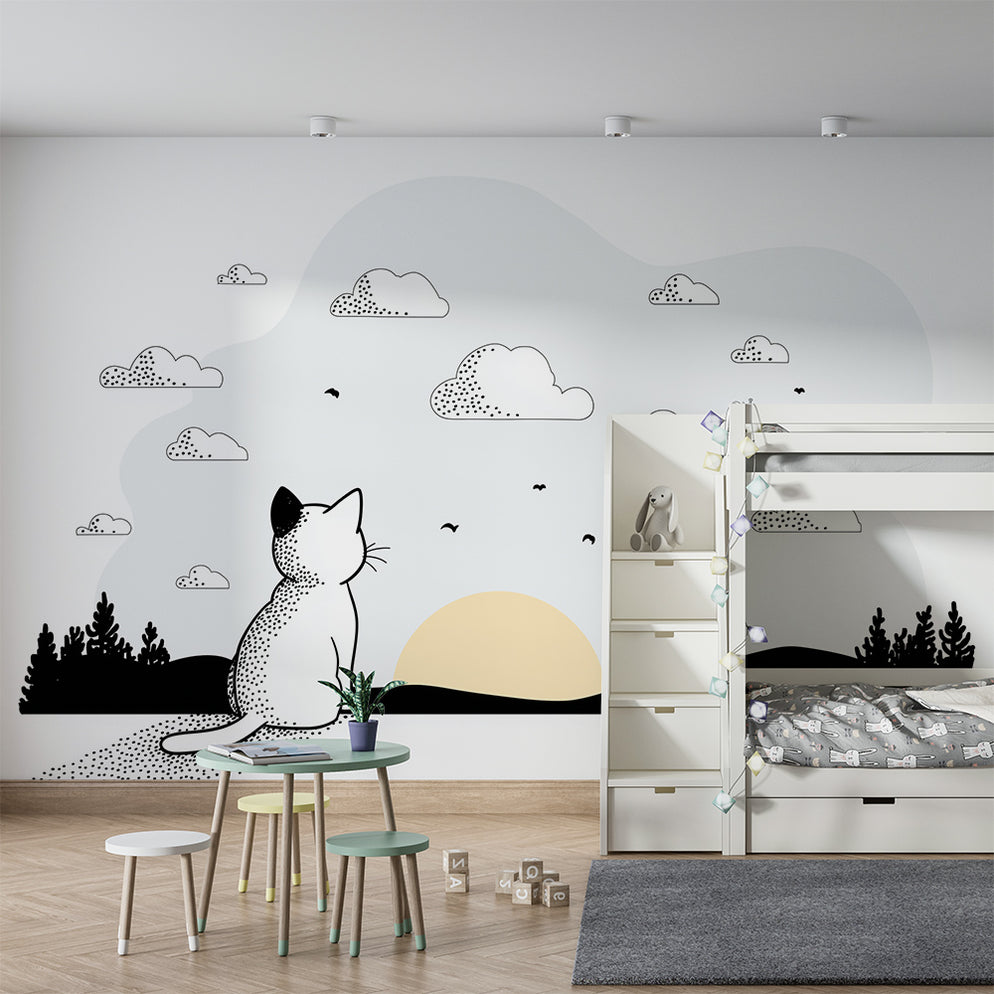 Kids room wallpaper | Contemplative cat in front of a minimalist sunse ...