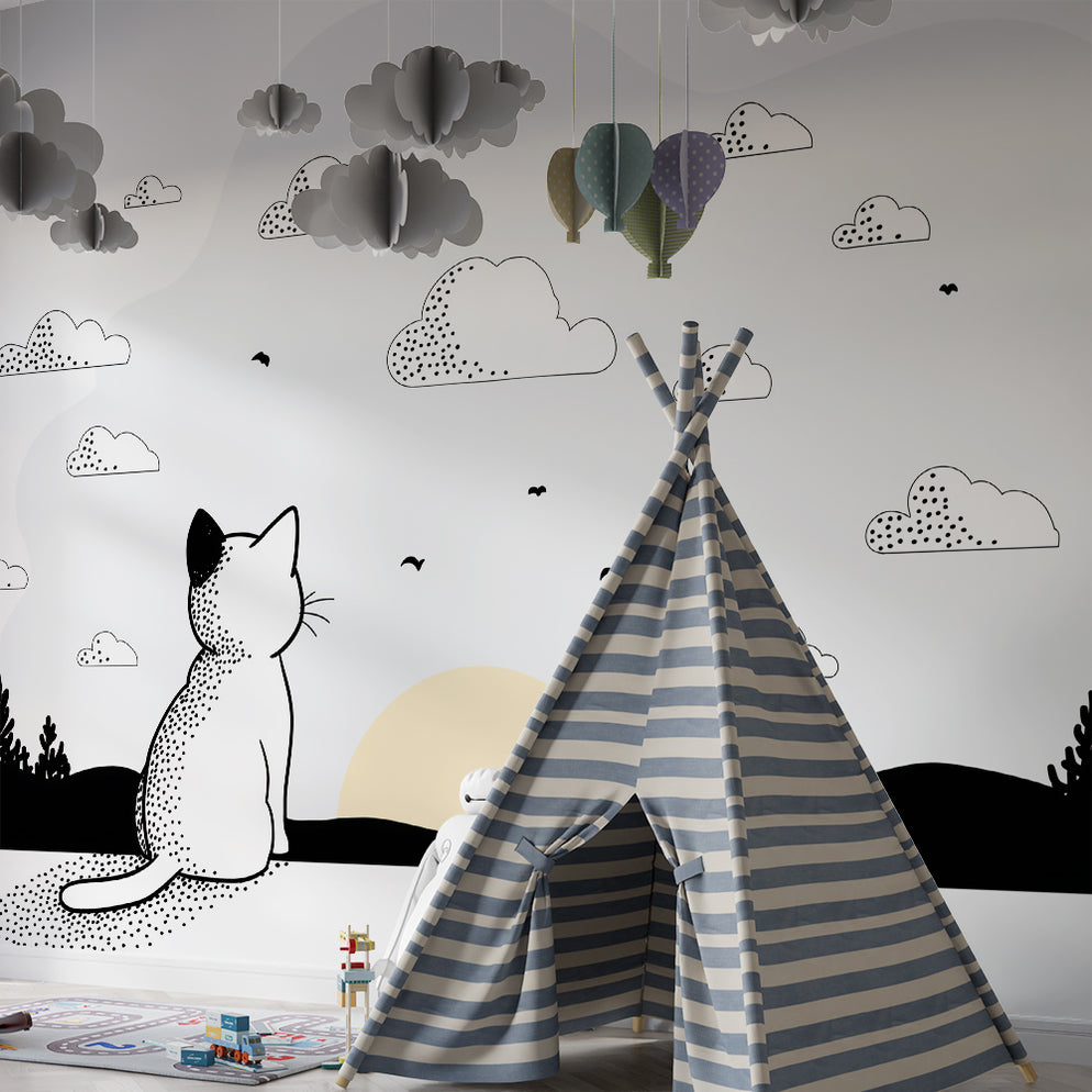 Kids room wallpaper | Contemplative cat in front of a minimalist sunse ...