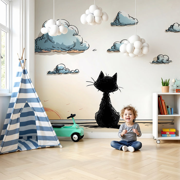 Papel pintado infantil | Gato contemplativo y cielo tranquilo