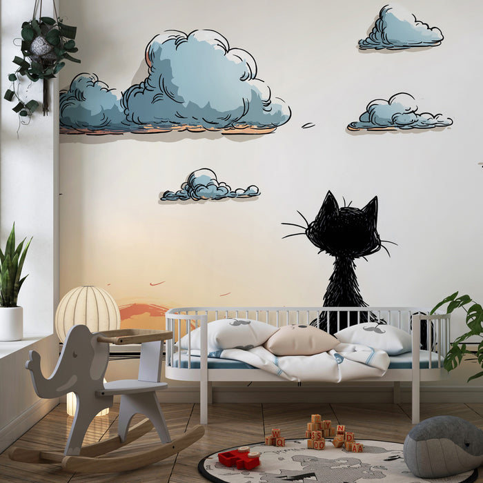 Papel pintado infantil | Gato contemplativo y cielo tranquilo