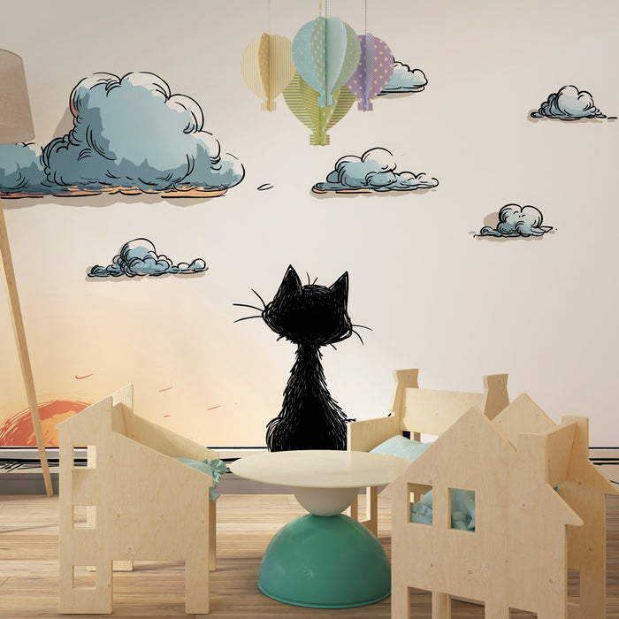 Papel pintado infantil | Gato contemplativo y cielo tranquilo