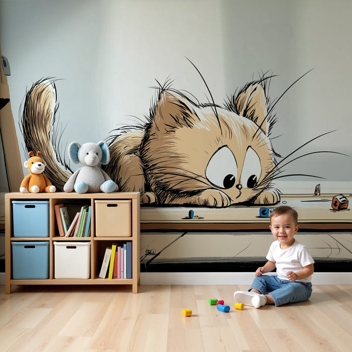 Tapet barnerom | Nysgjerrig katt og fargerike leker