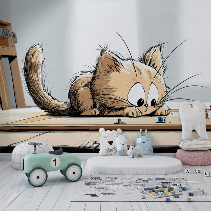 Tapet barnerom | Nysgjerrig katt og fargerike leker
