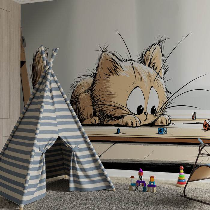 Tapet barnerom | Nysgjerrig katt og fargerike leker