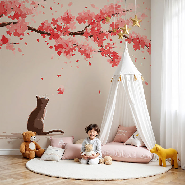 Kinderzimmer Tapete | Neugierige Katze unter einer blühenden Kirschblüte