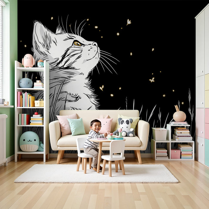 Kids room wallpaper | Curious cat under a starry sky