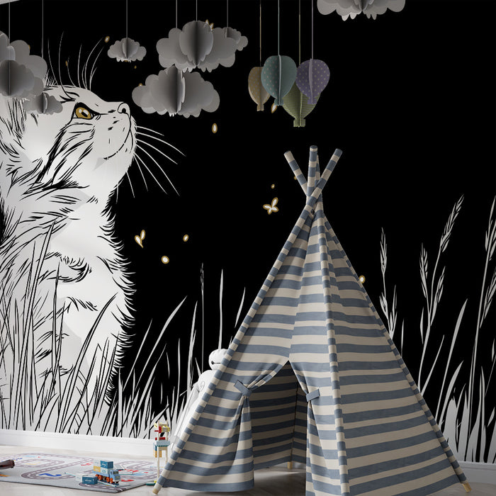 Kids room wallpaper | Curious cat under a starry sky