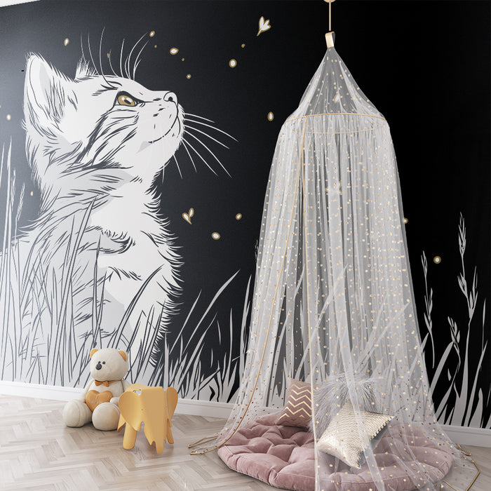 Kids room wallpaper | Curious cat under a starry sky