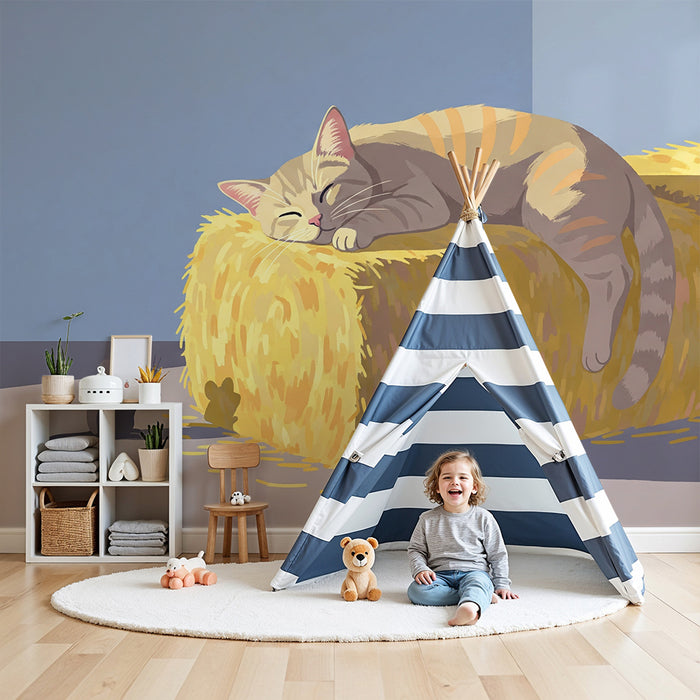 Kids room wallpaper | Sleeping cat on a haystack with a curious little mouse