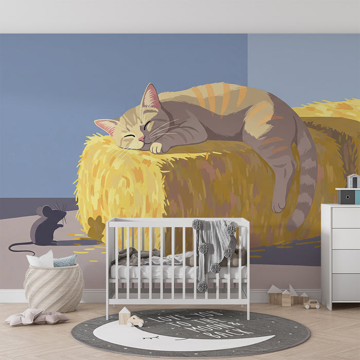 Kids room wallpaper | Sleeping cat on a haystack with a curious little mouse