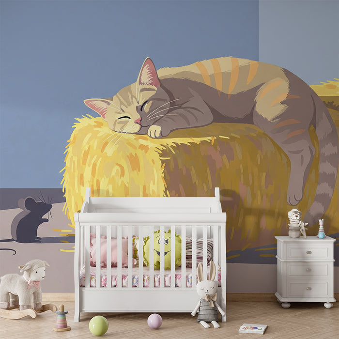 Kids room wallpaper | Sleeping cat on a haystack with a curious little mouse