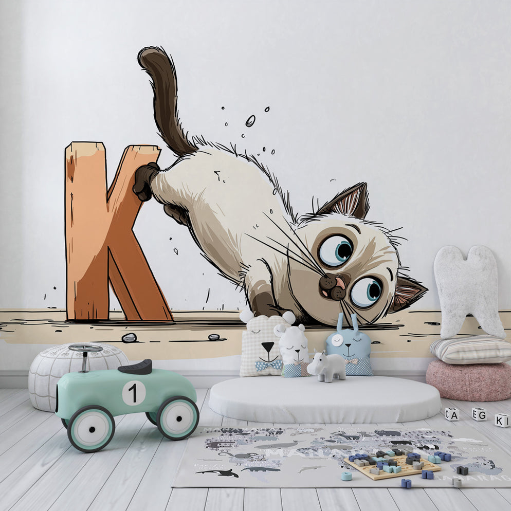 Kids room wallpaper | Playful Siamese cat with the letter K — Kids Wall