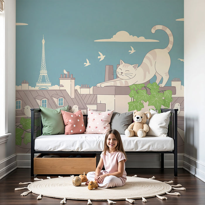 Papel de parede para quarto infantil | Gato traquina nos telhados de Paris com a Torre Eiffel ao fundo